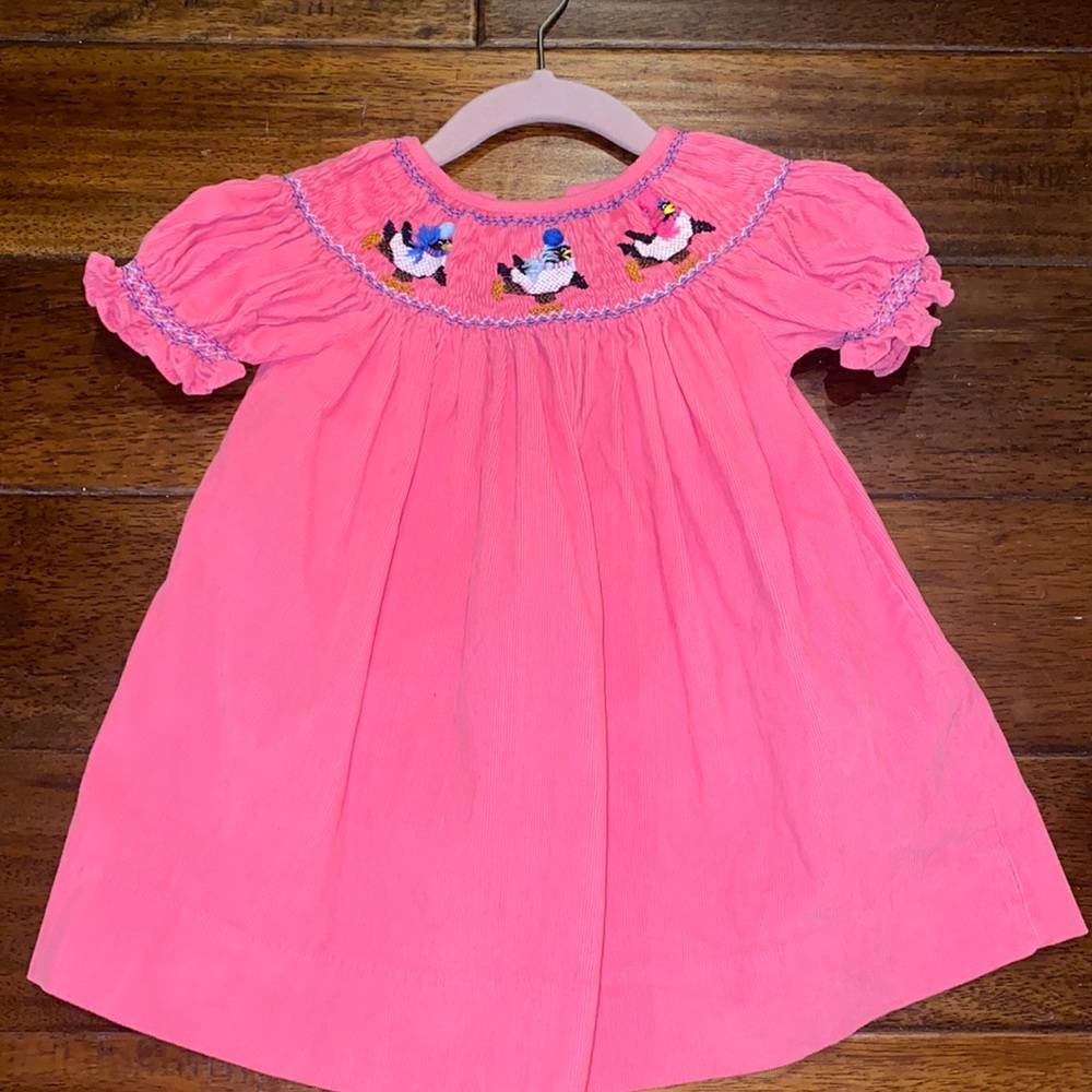 Pink smocked dress corduroy with penguins